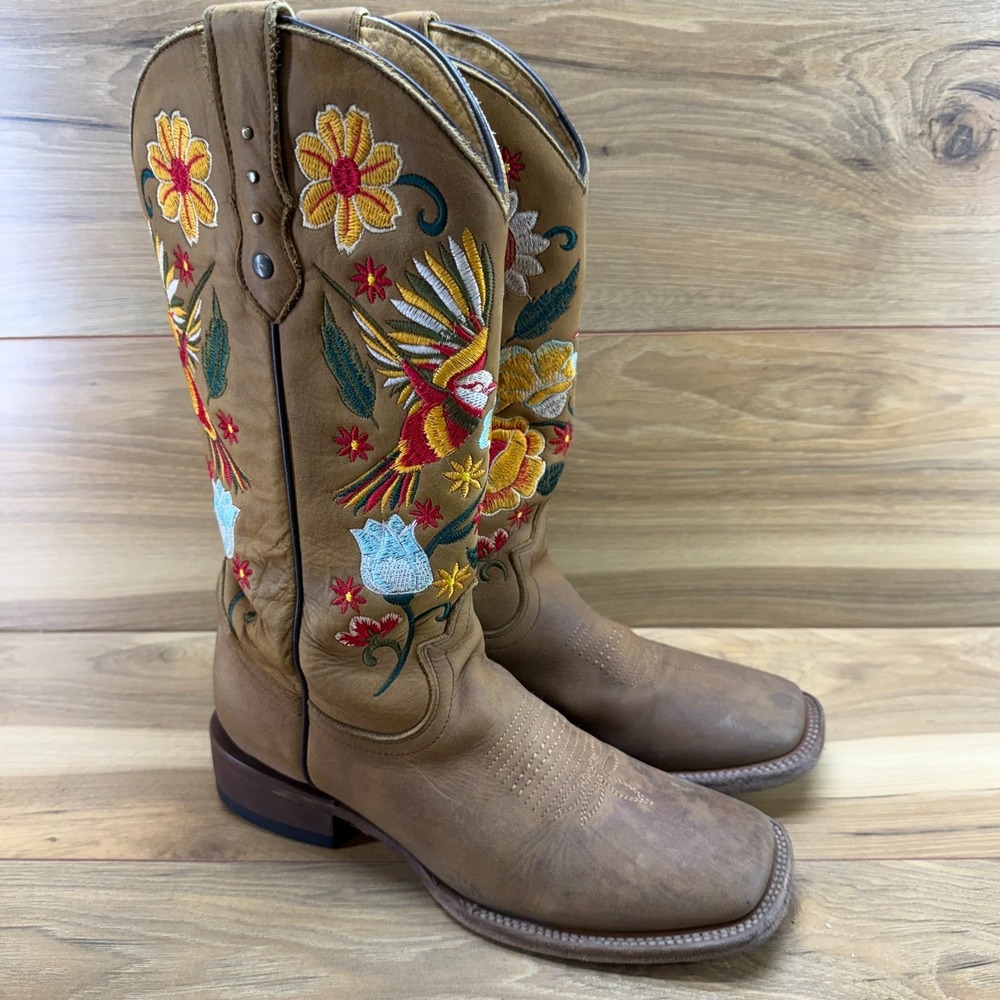 Rock EM Western Boots Floral Bird Embroidered Womens 9 Square Toe Rodeo Brown - Picture 2 of 13